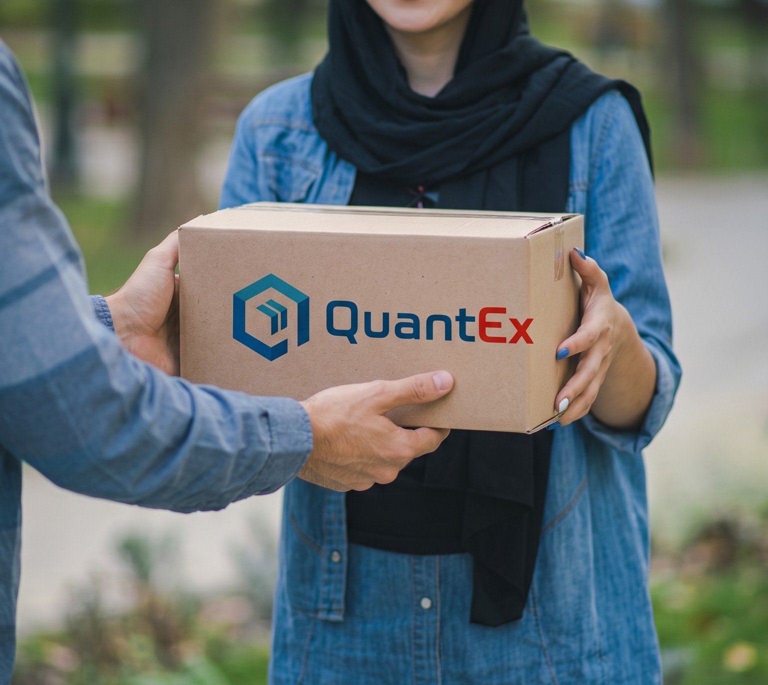 QuantEx courier handing a parcel to a customer